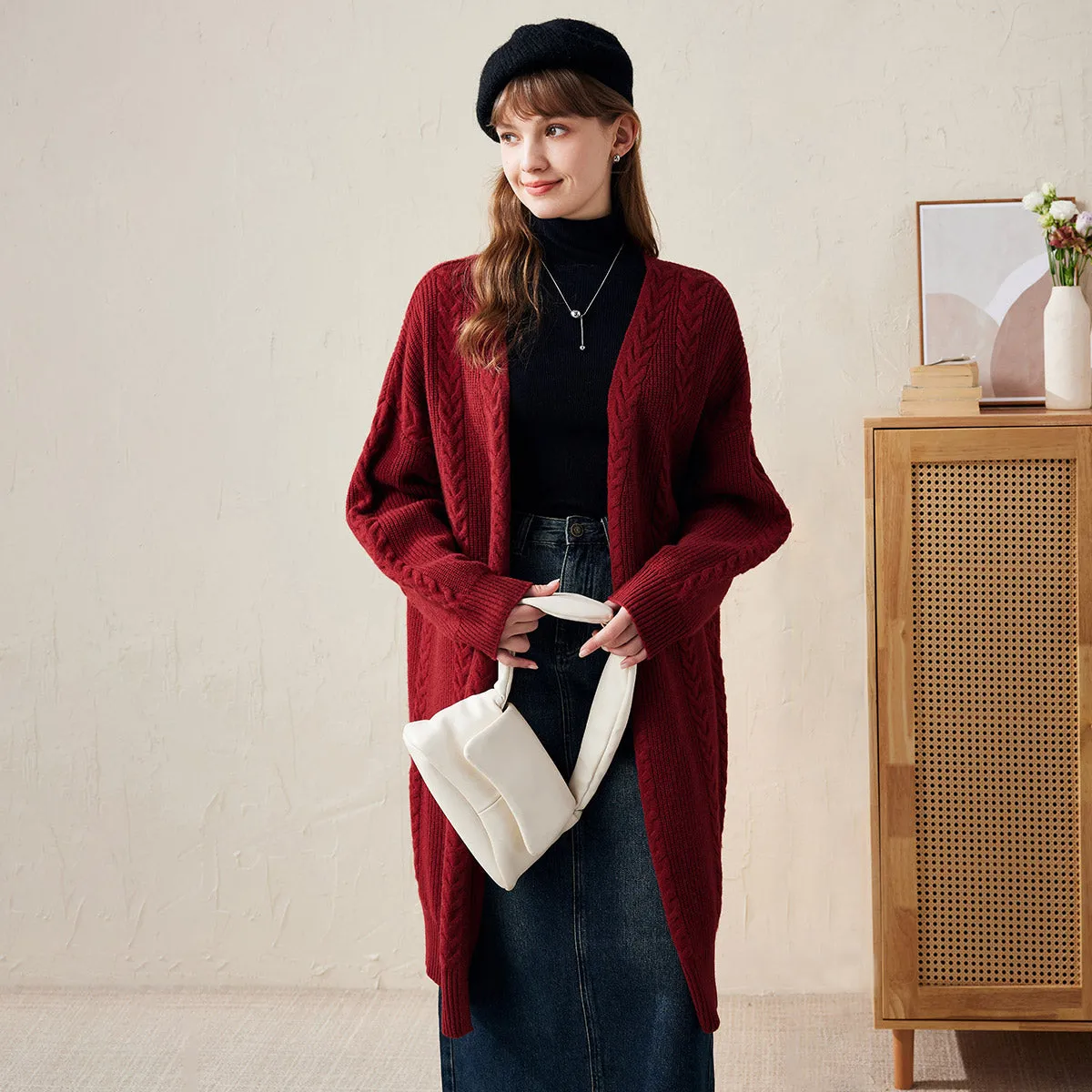 100% Wool Cardigan Women's Cozy Cable Knit Long Coat