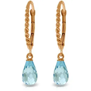 14K Solid Rose Gold Leverback Earrings Briolette Blue Topaz Certified