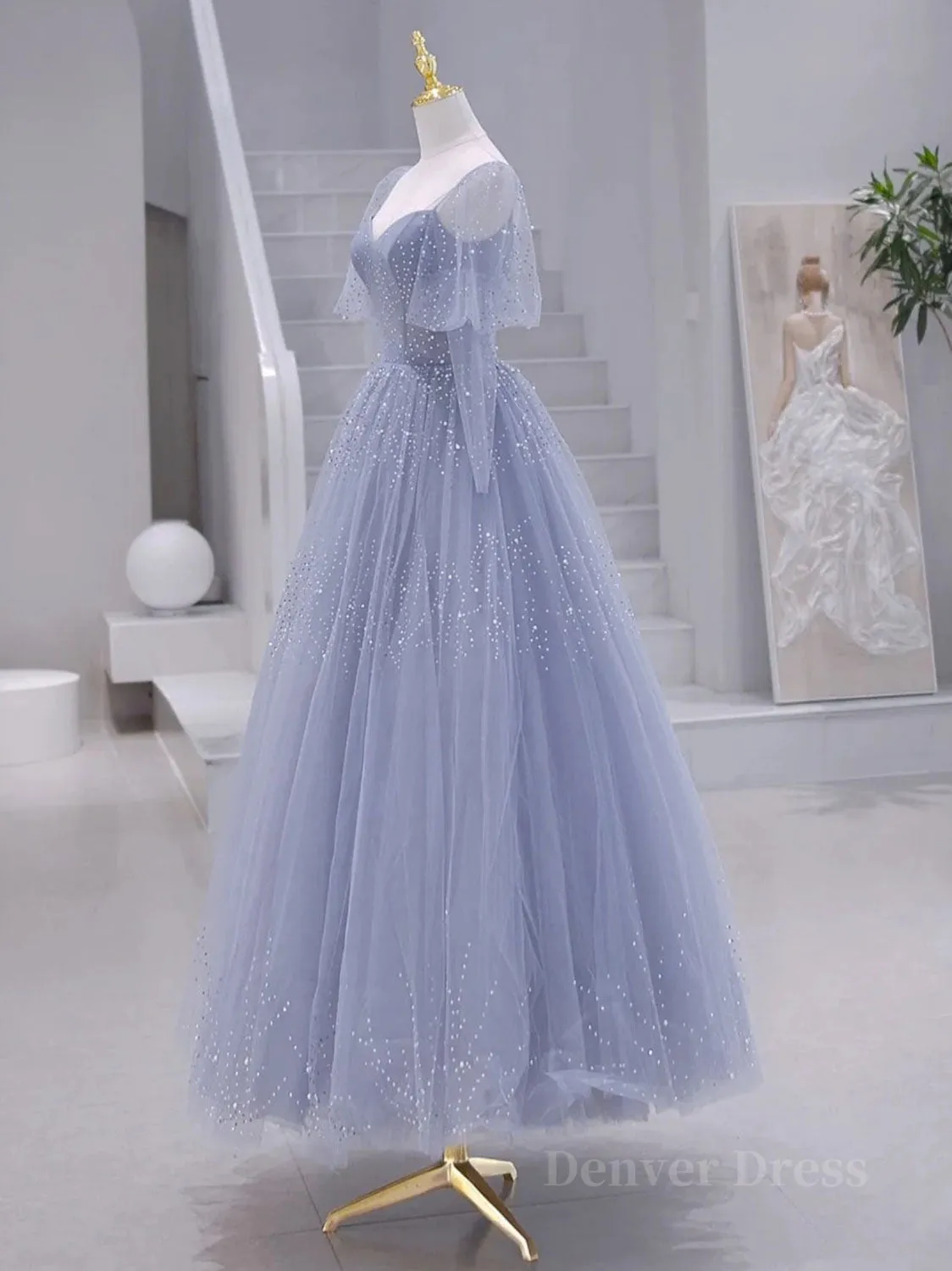 A-Line Long sleeves Beading Gray Blue Long Prom Dress Gray Blue Formal Dress