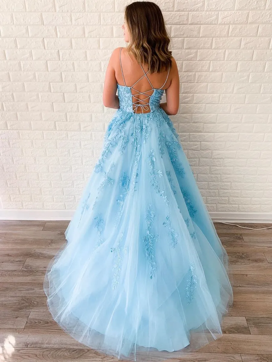 A Line Sky Blue Lace Backless Long Prom, Backless Sky Blue Lace Formal, Sky Blue Evening