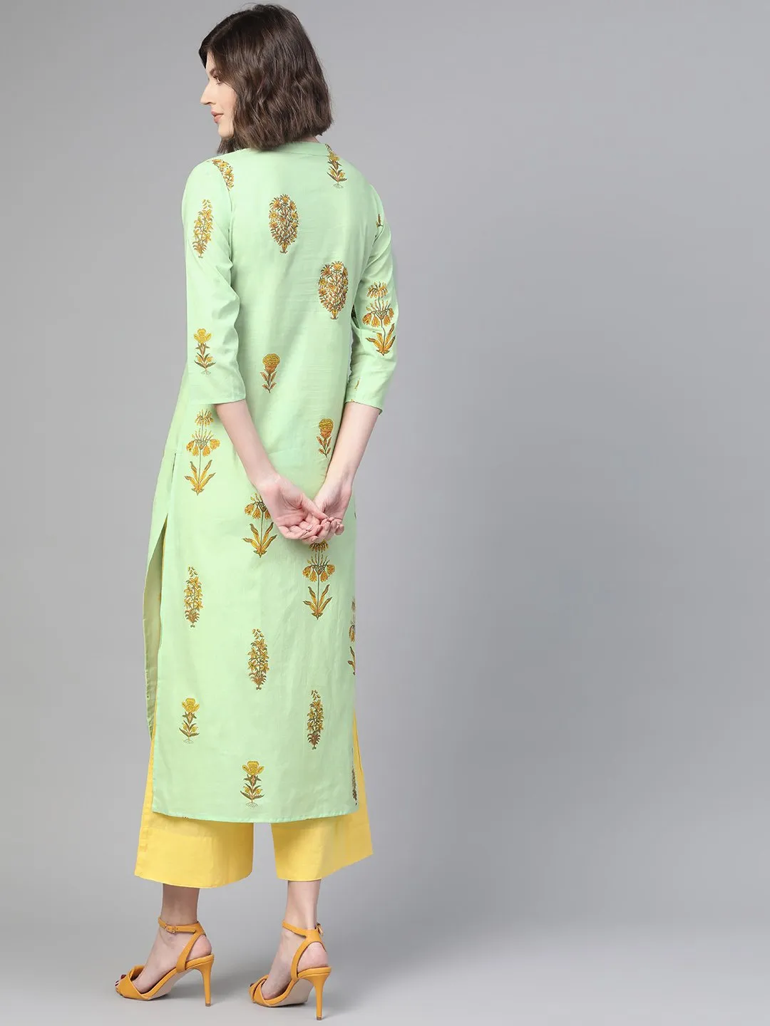 Adults-Women Green & Orange Cotton Straight Floral Printed Kurta