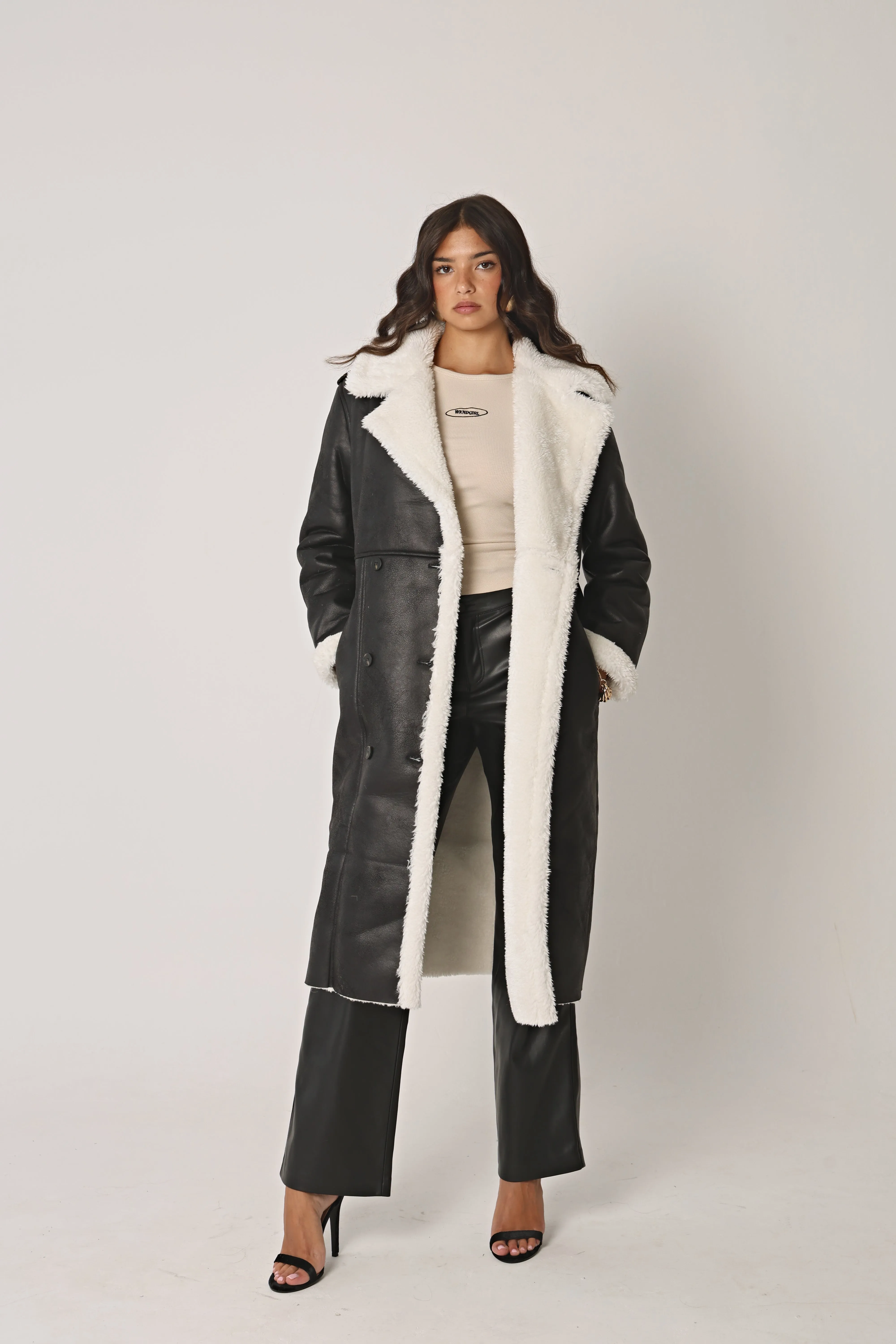 BLACK AND CREAM LONGLINE SHEARLING COAT