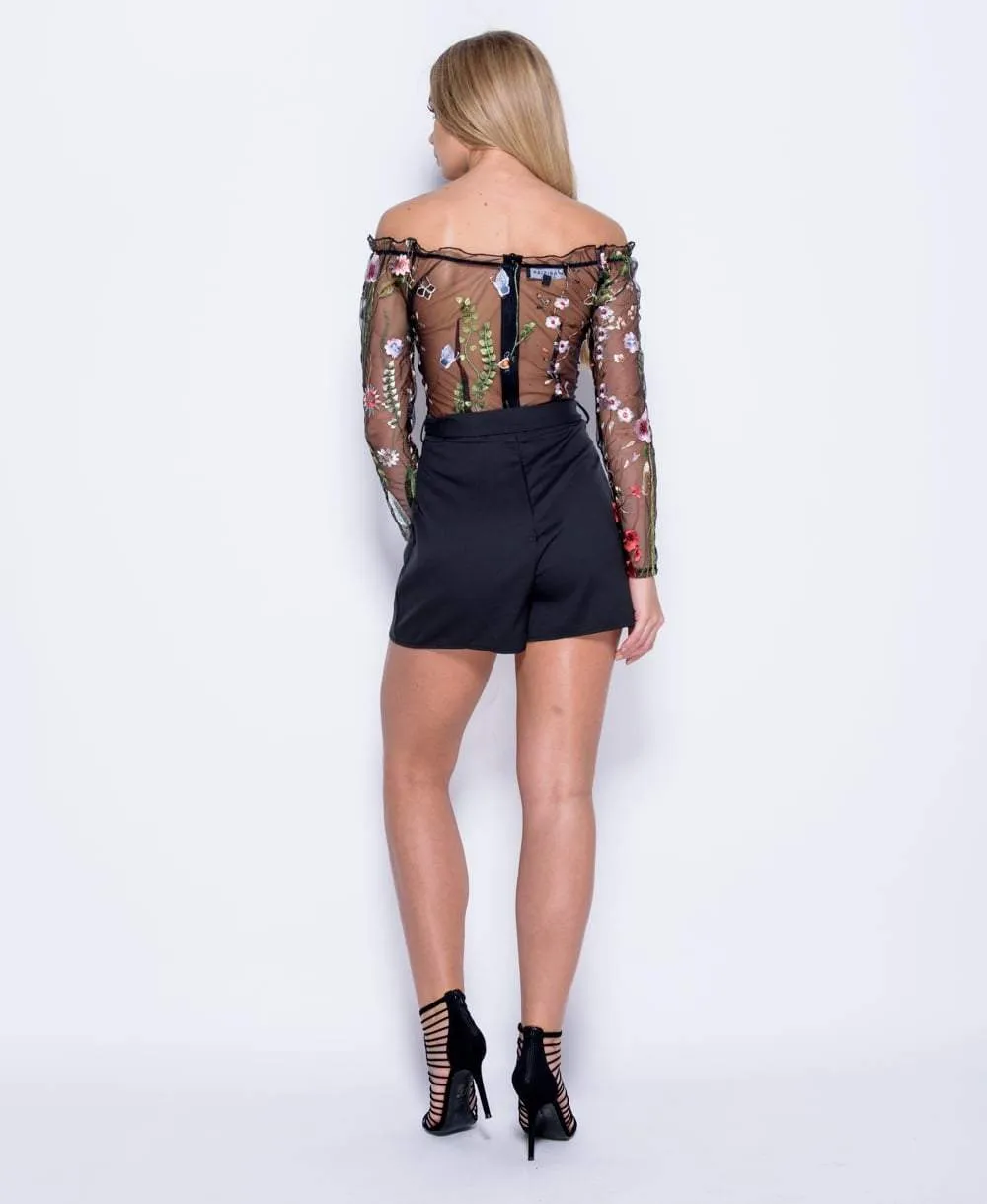 Black Mesh Embroidered Bardot Playsuit - Nicole