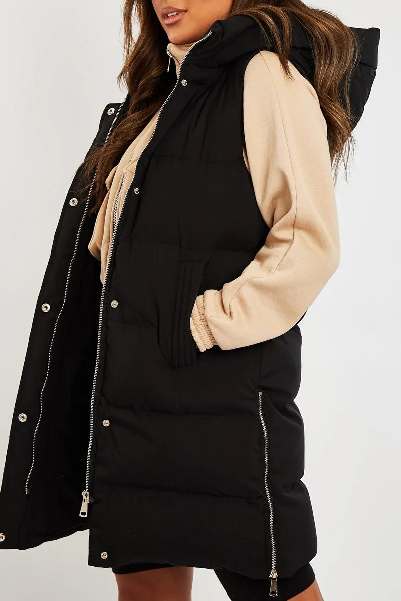 Black Side Zip Long Sleeveless Puffer Coat - Priyah