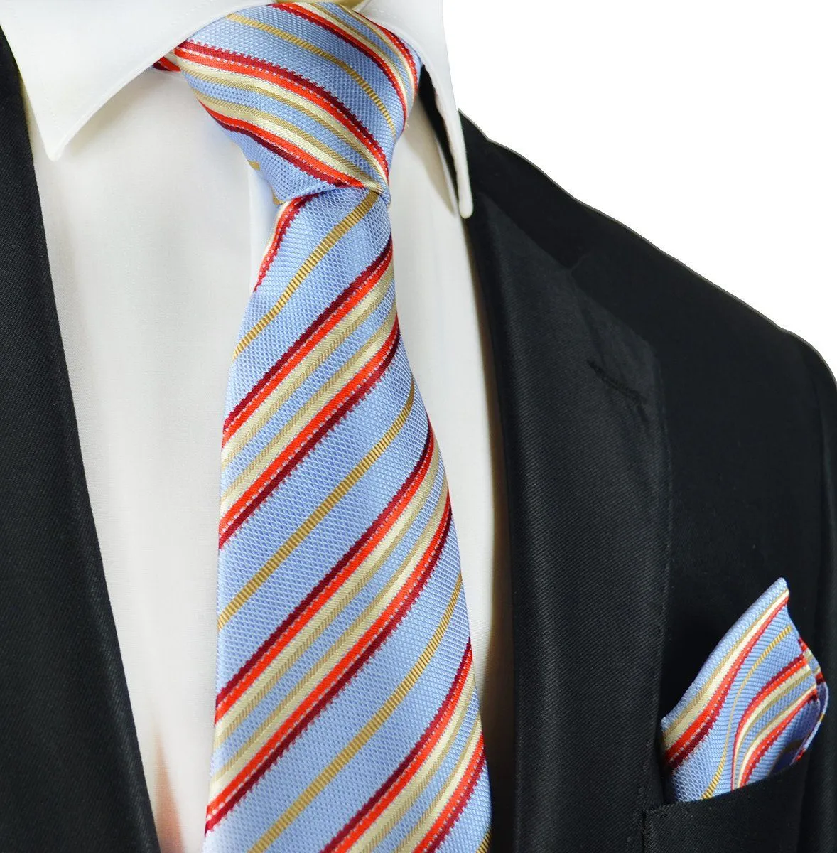 Blue and Red Striped Silk Tie and Pocket Square