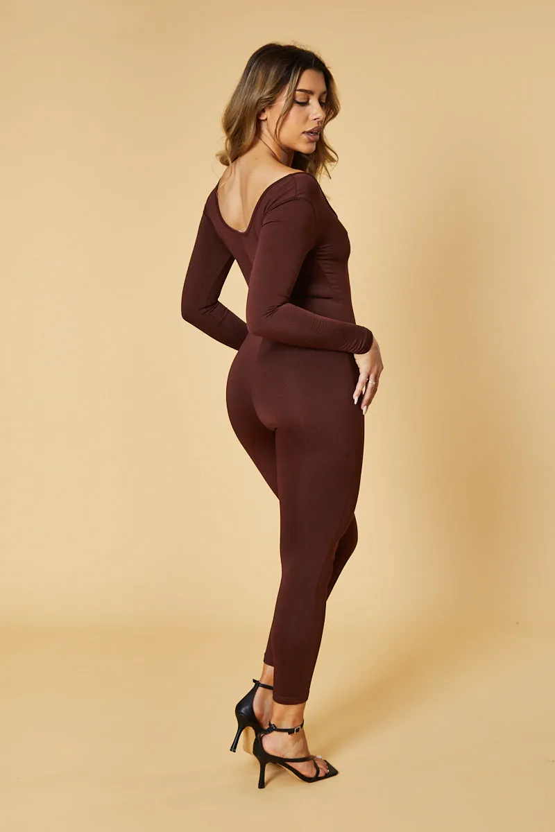 Brown Contour Long Sleeve Jumpsuit - Luana