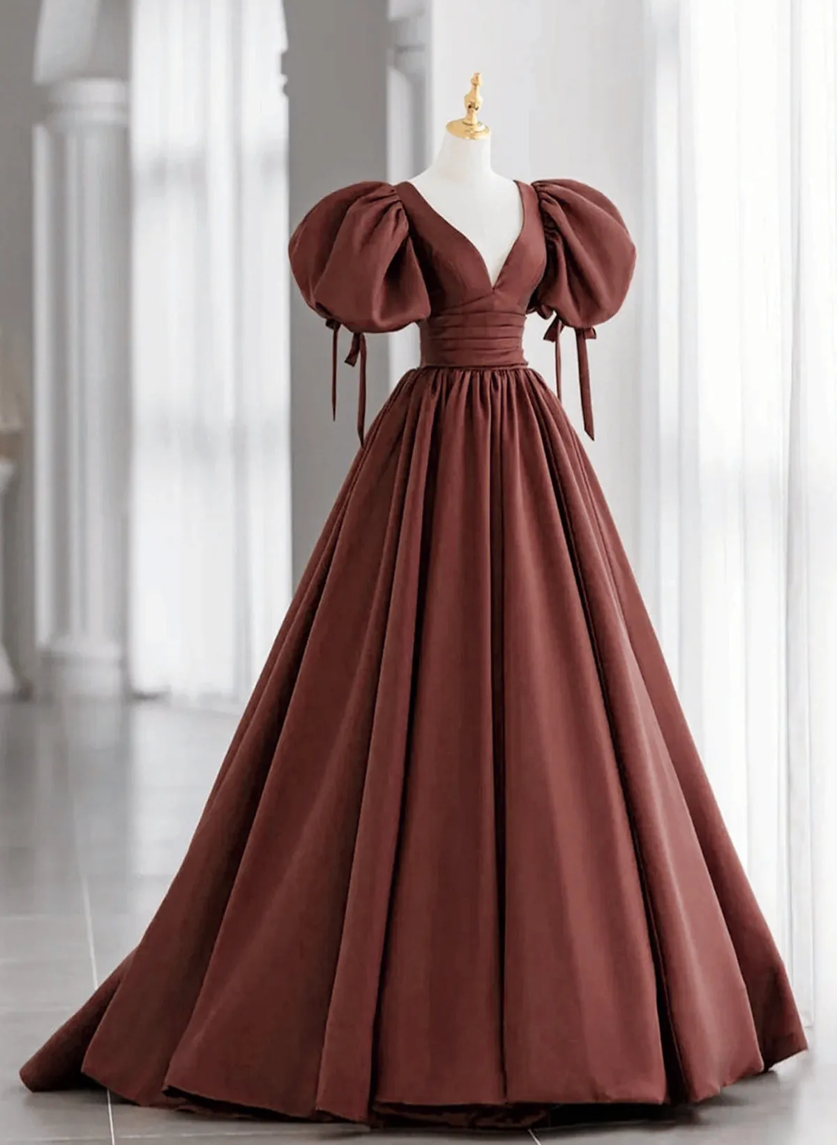 Brown Satin Short Sleeves Long Party Dress, Brown V-neckline Prom Dress