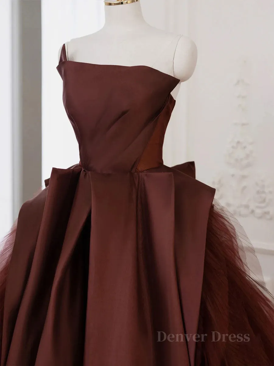 Brown Satin Tulle Long Prom Gown Brown Long Evening Dresses