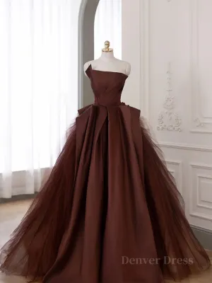 Brown Satin Tulle Long Prom Gown Brown Long Evening Dresses