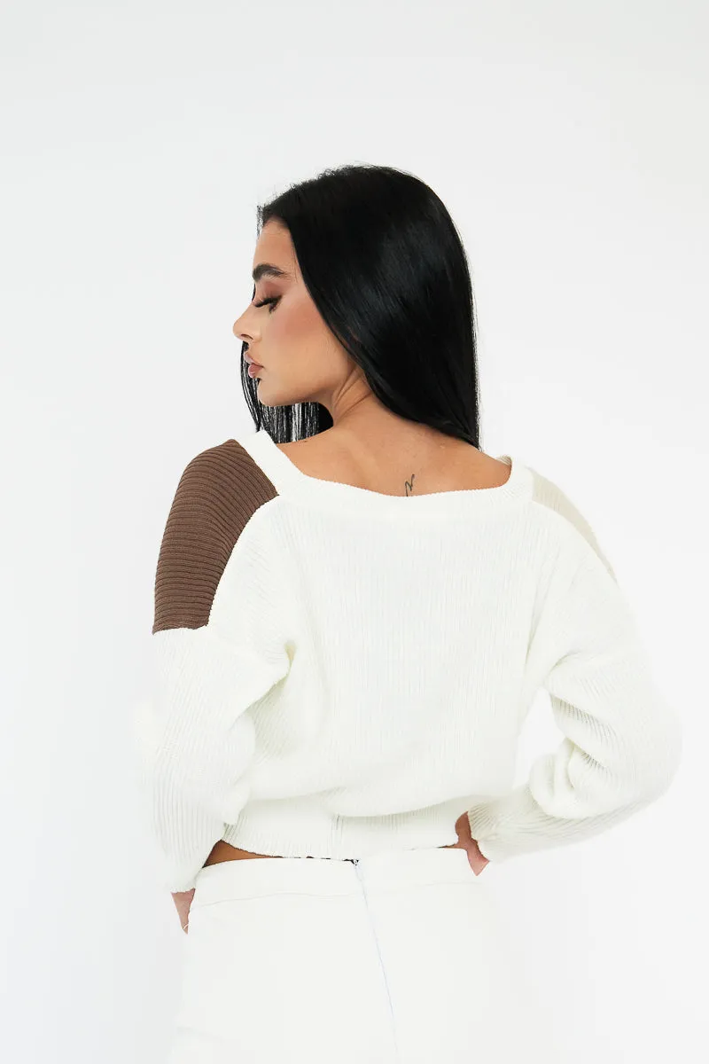 Brown Stripe Button Front Knit Crop Top - Reimi