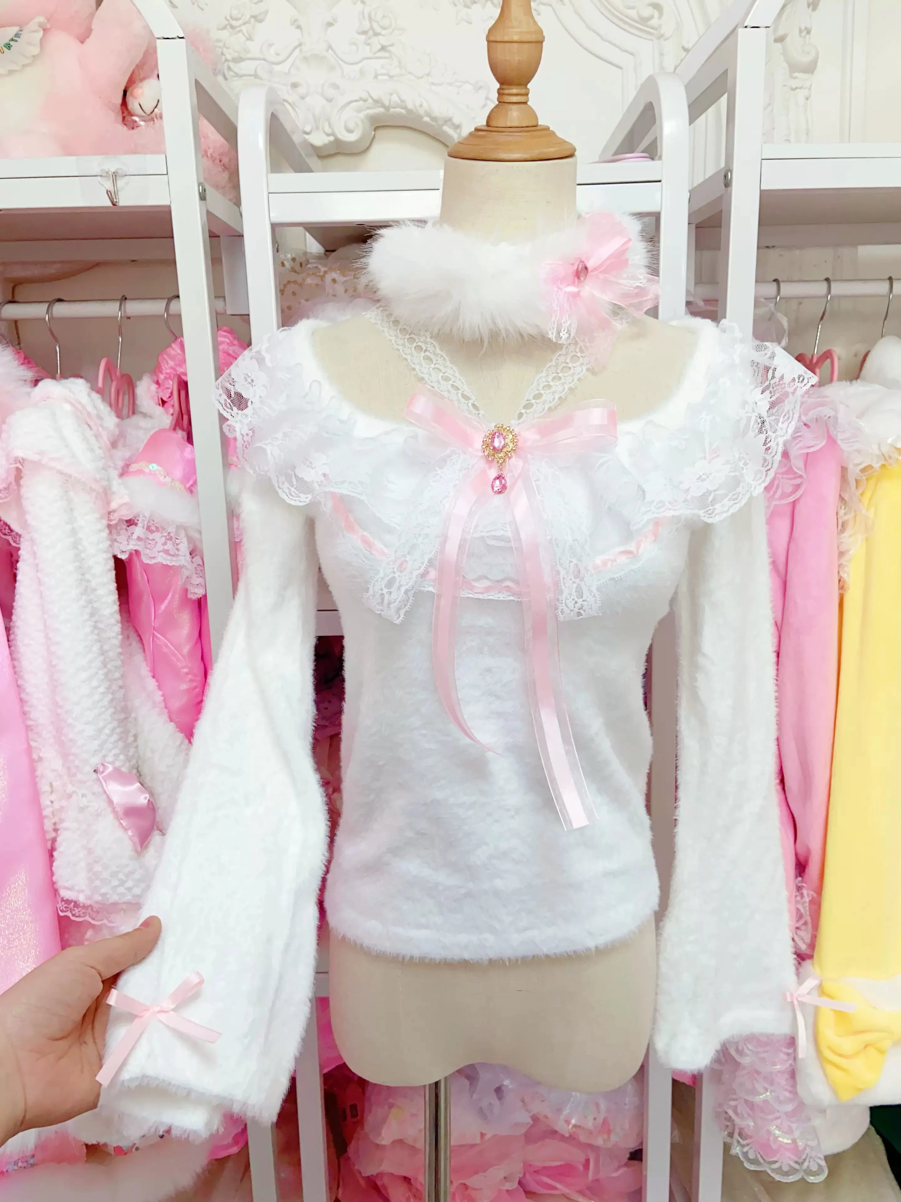 Candy Fairy Winter Angel White Lace Collar Plush Long Sleeve Sweater