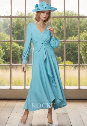 Chic&Modern A-Line V-Neck Long Sleeves Ruched Chiffon Cocktail Dress Mother of Groom