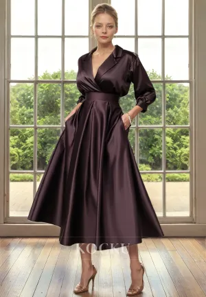 Classic & Timeless V-Neck Long sleeves A-Line Satin Cocktail Mother of the Bride Dress