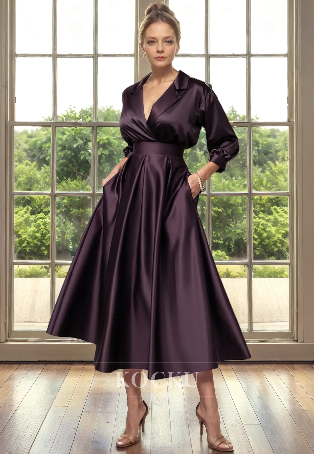 Classic & Timeless V-Neck Long sleeves A-Line Satin Cocktail Mother of the Bride Dress