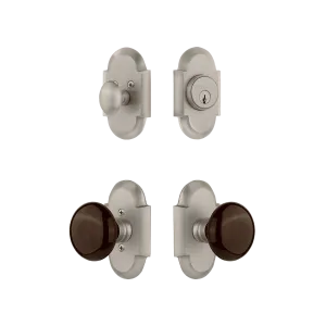 Cottage Entry Set with Brown Porcelain Knob in Satin Nickel