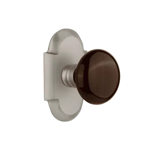 Cottage Short Plate with Brown Porcelain Knob in Satin Nickel