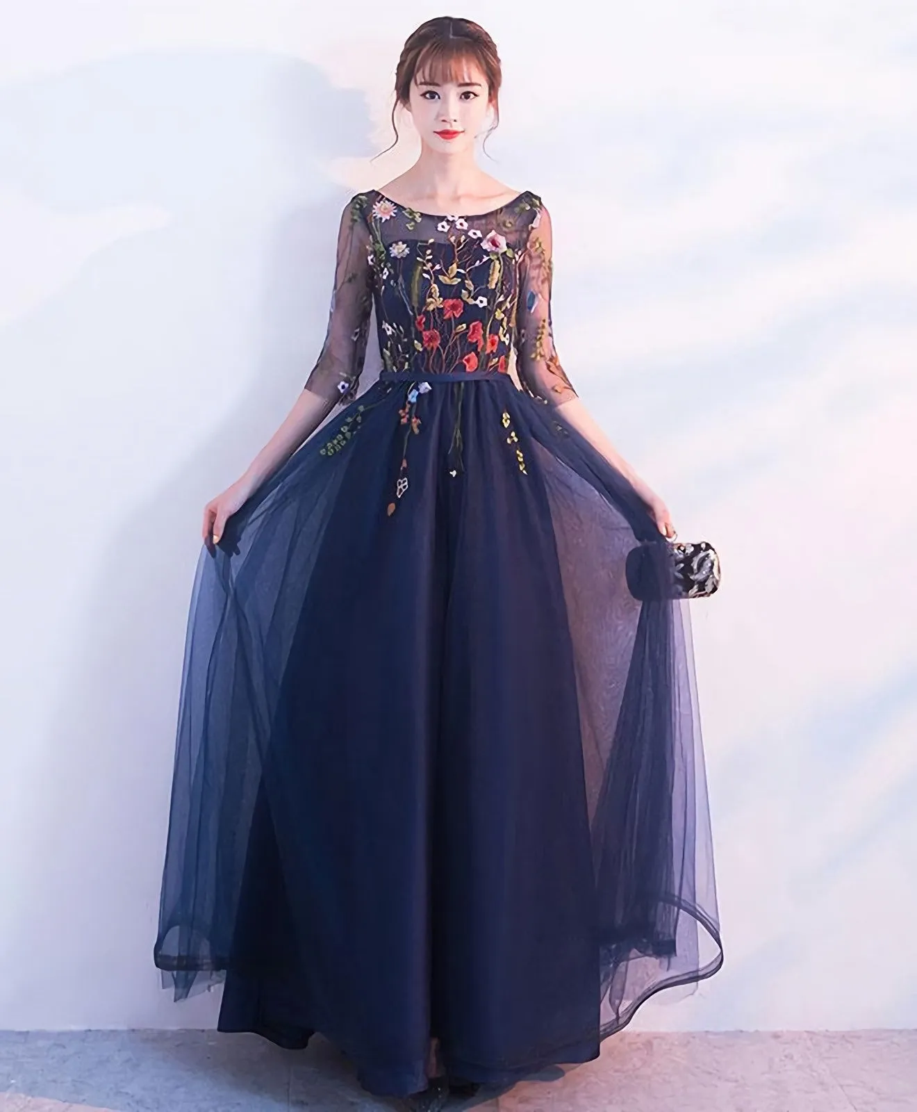 Dark Blue Tulle Lace Long Prom Dress Blue Evening Dress