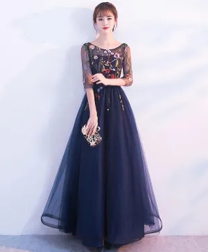 Dark Blue Tulle Lace Long Prom Dress Blue Evening Dress