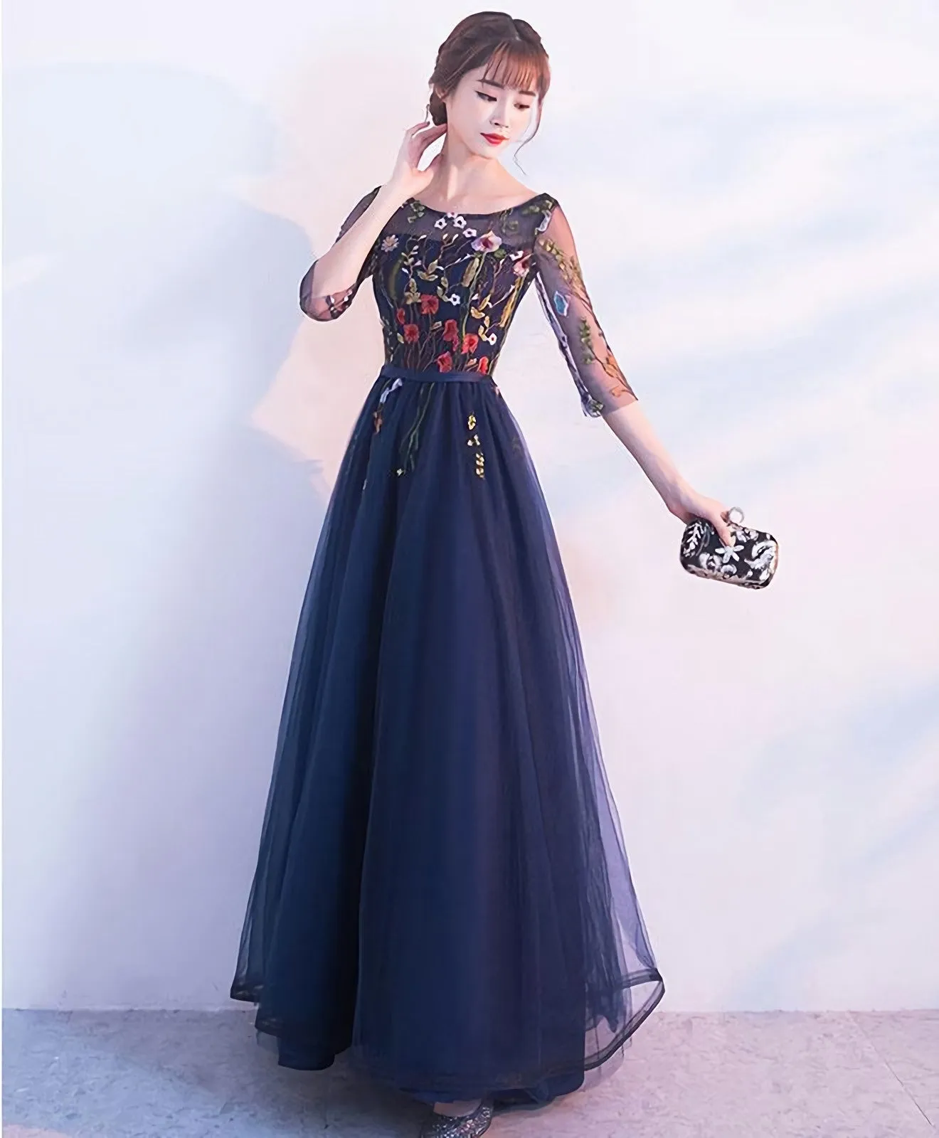 Dark Blue Tulle Lace Long Prom Dress Blue Evening Dress