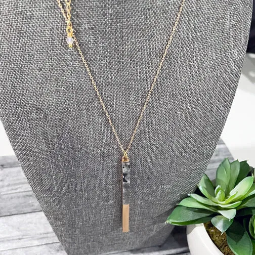 Dark Gray Marble Long Bar Pendant Necklace