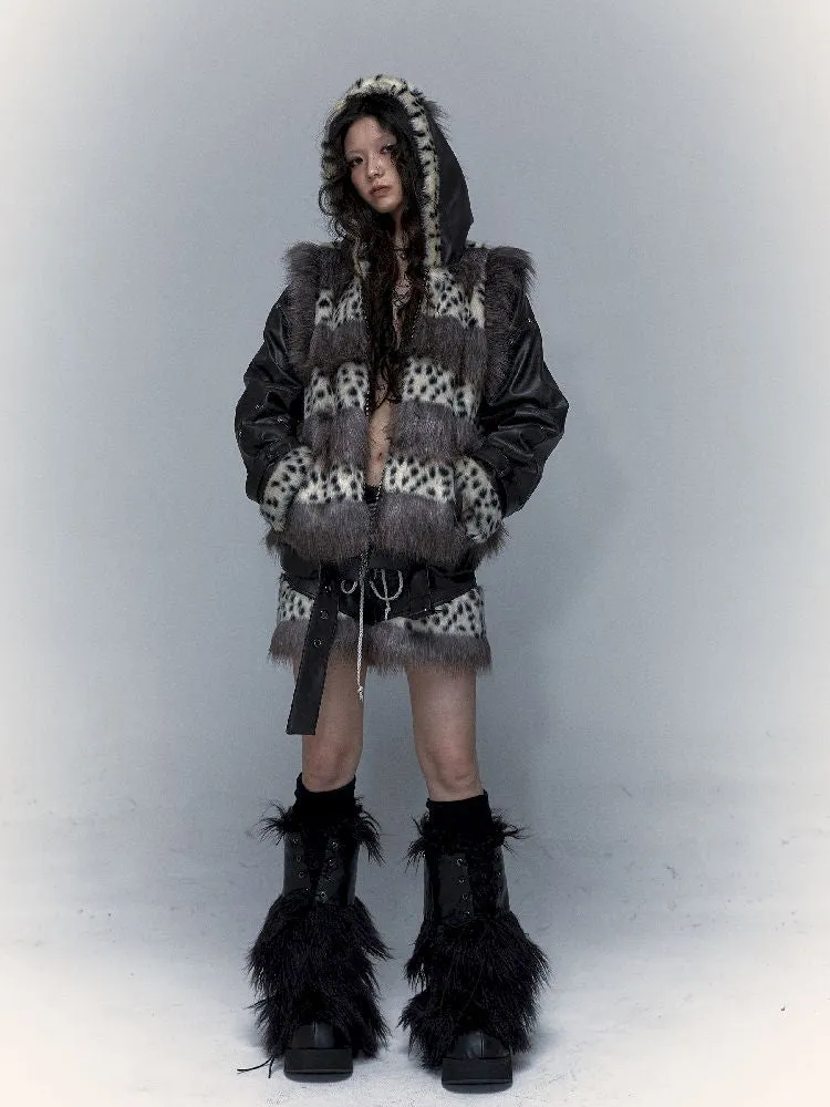 Dark Punk Hooded Leopard Print Fur Vest Long Sleeve Jacket【s0000005014】