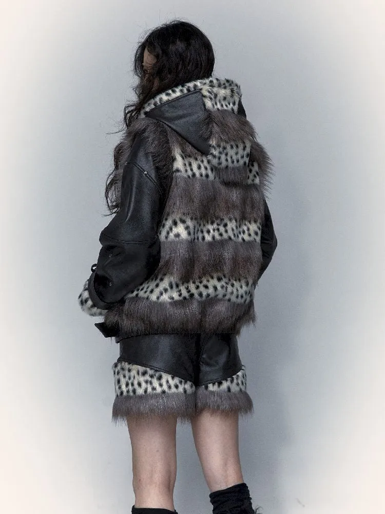 Dark Punk Hooded Leopard Print Fur Vest Long Sleeve Jacket【s0000005014】