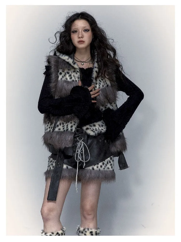 Dark Punk Hooded Leopard Print Fur Vest Long Sleeve Jacket【s0000005014】