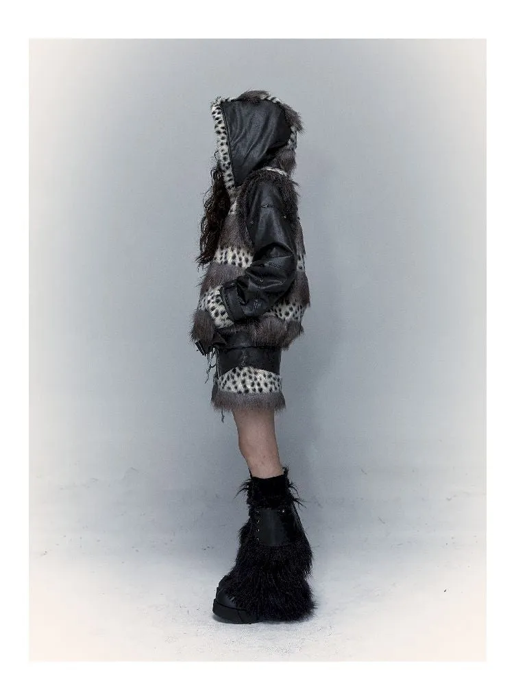 Dark Punk Hooded Leopard Print Fur Vest Long Sleeve Jacket【s0000005014】