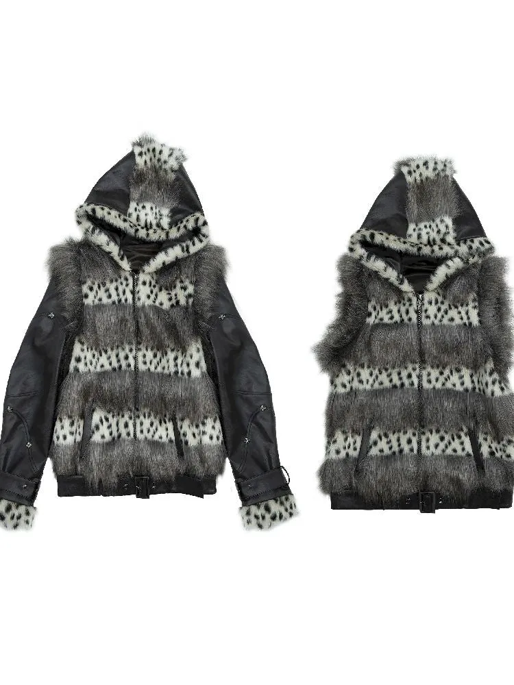 Dark Punk Hooded Leopard Print Fur Vest Long Sleeve Jacket【s0000005014】