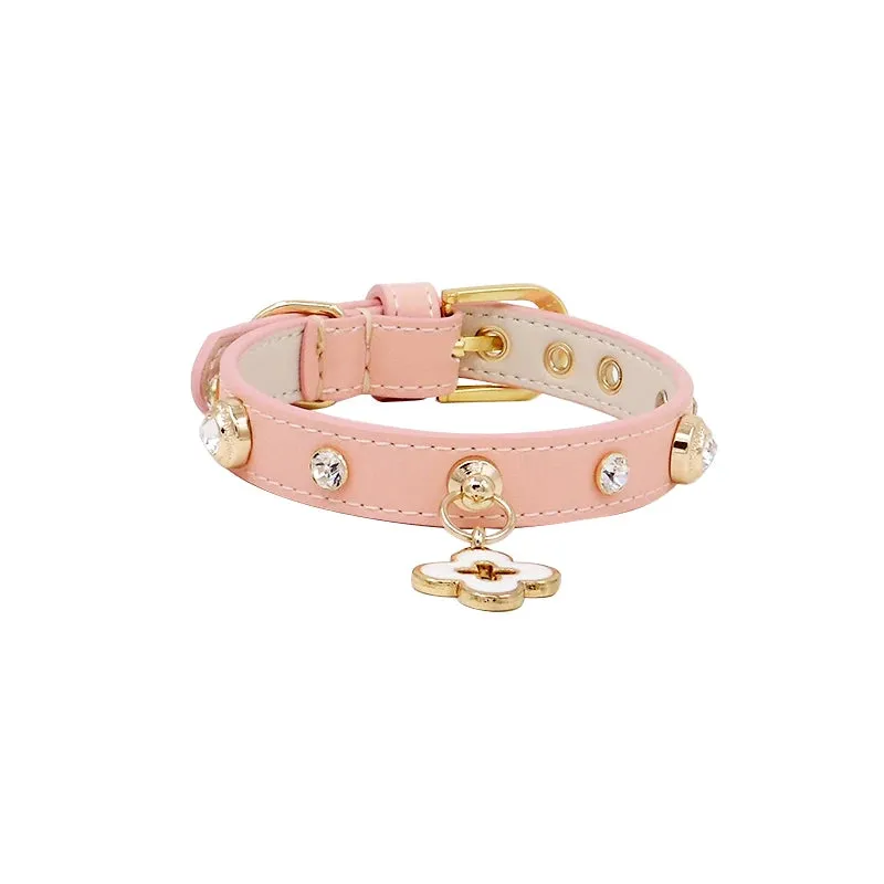 Elegant Genuine Leather Pet Collars with Charm - Luxury Dog & Cat Necklace for Poodles, Papillons, Chihuahuas & Puppies