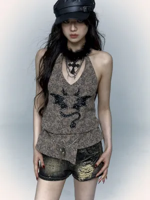 Embroidered Leopard Print Hanging Neck Vest Camisole【s0000009009】