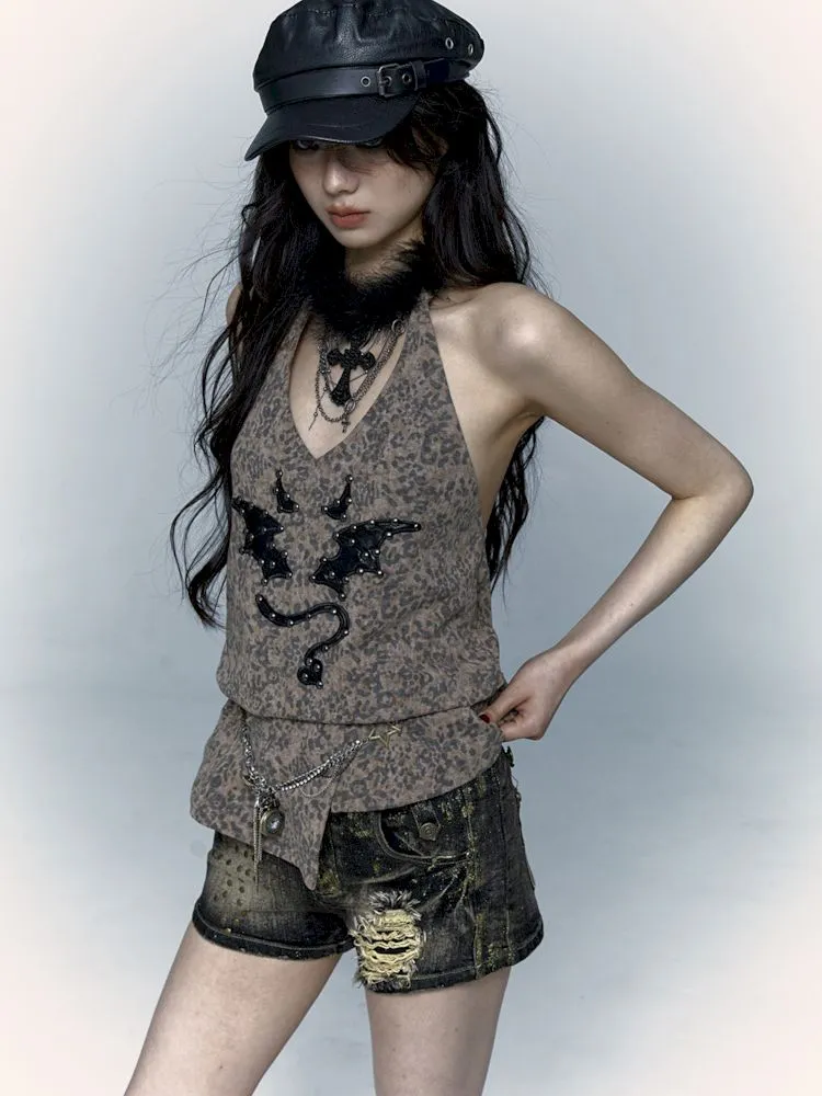 Embroidered Leopard Print Hanging Neck Vest Camisole【s0000009009】