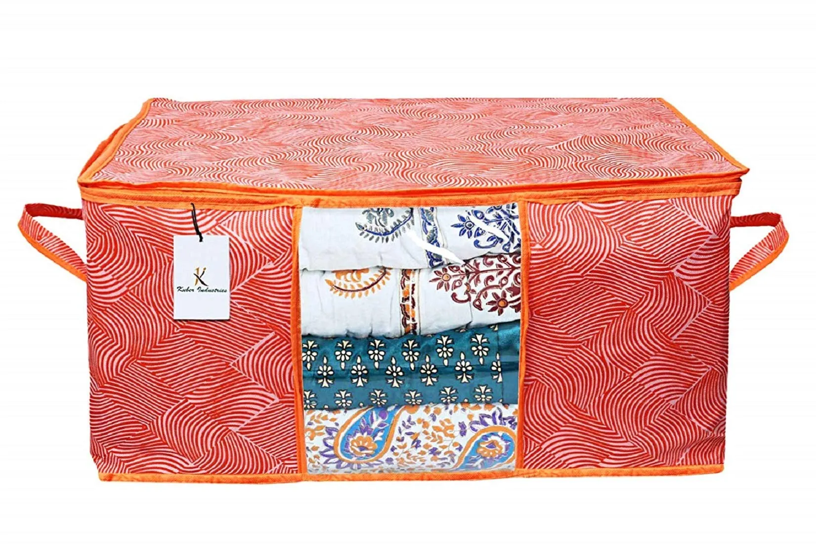 Kuber Industries Leheriya Printed 2 Piece Non Woven Saree Cover And 2 Pieces Underbed Storage Bag, Storage Organiser, Blanket Cover, Orange & Blue -CTKTC42396