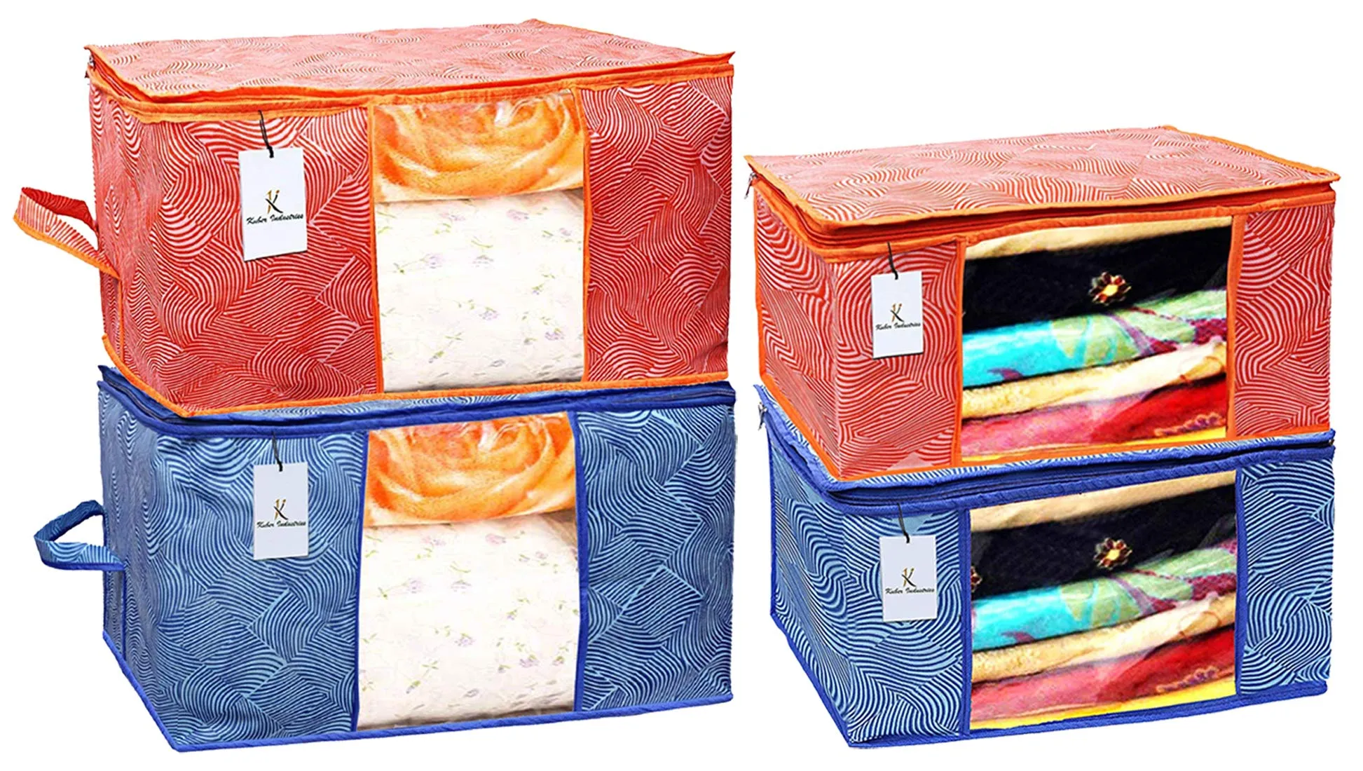 Kuber Industries Leheriya Printed 2 Piece Non Woven Saree Cover And 2 Pieces Underbed Storage Bag, Storage Organiser, Blanket Cover, Orange & Blue -CTKTC42396