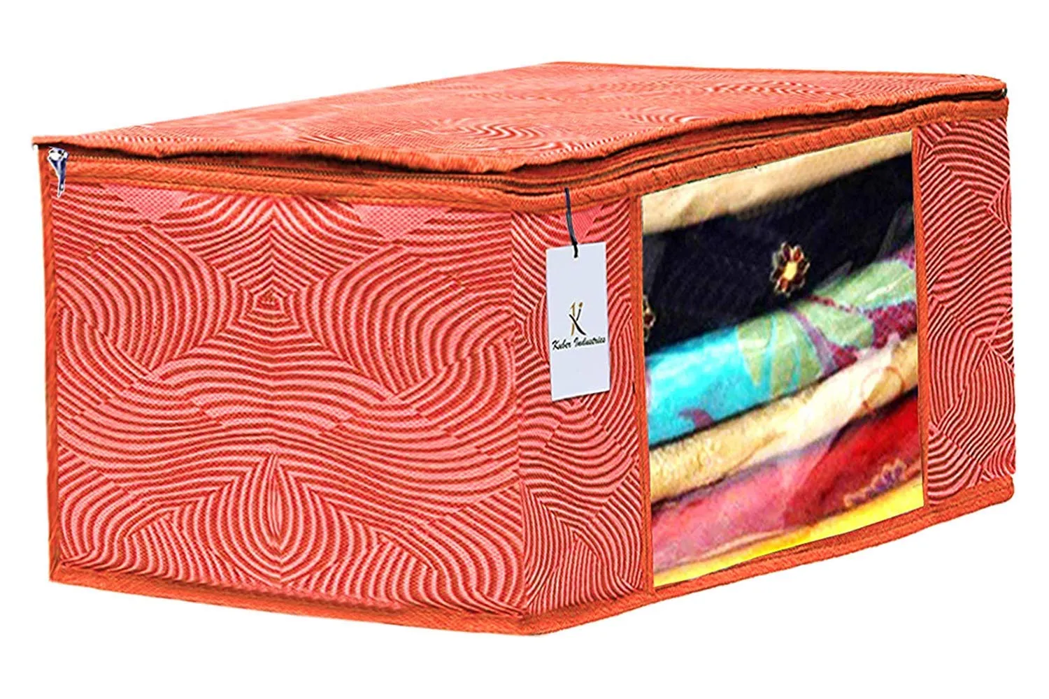 Kuber Industries Leheriya Printed 2 Piece Non Woven Saree Cover And 2 Pieces Underbed Storage Bag, Storage Organiser, Blanket Cover, Orange & Blue -CTKTC42396