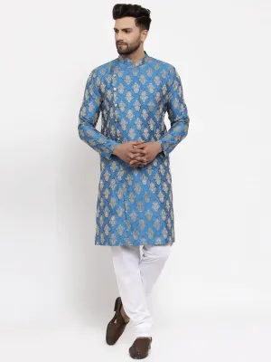 Men Blue Jacquard Kurta With Churidar