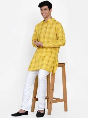 Men Mustard Yellow Floral Printed Regular Kurta with Pyjamas