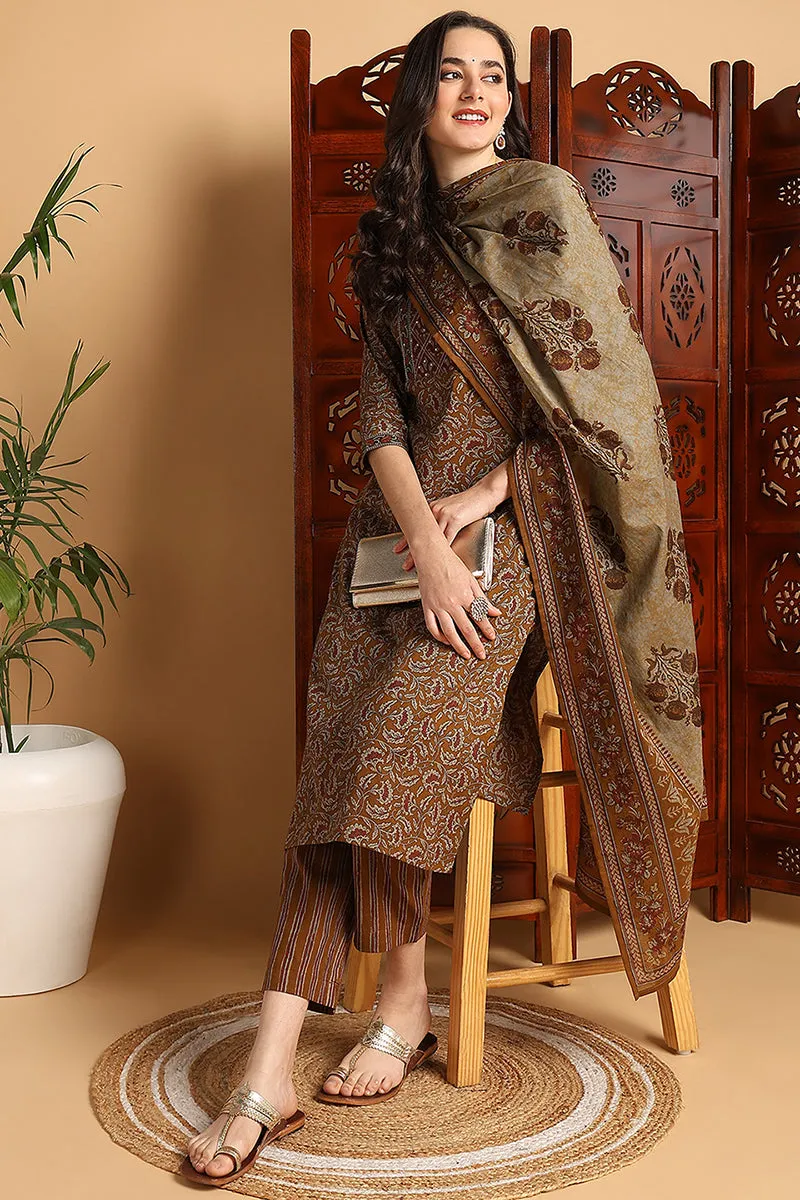 Mustard Pure Cotton Floral Printed Suit Set