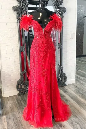 Off Shoulder V Neck Mermaid Red Lace Long Prom Dress with High Slit Mermaid Red Formal Dress Red Lace Evening Dress