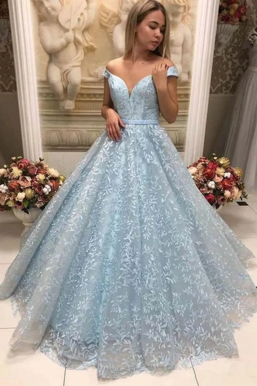 Off the Shoulder Light Blue Lace Long Prom Dress, Off Shoulder Light Blue Formal Dress, Light Blue Lace Evening Dress