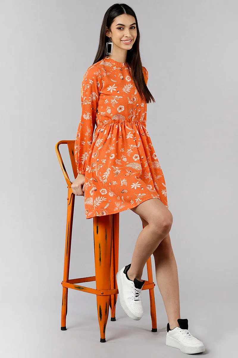 Orange Polyester Floral Printed Mini Dress