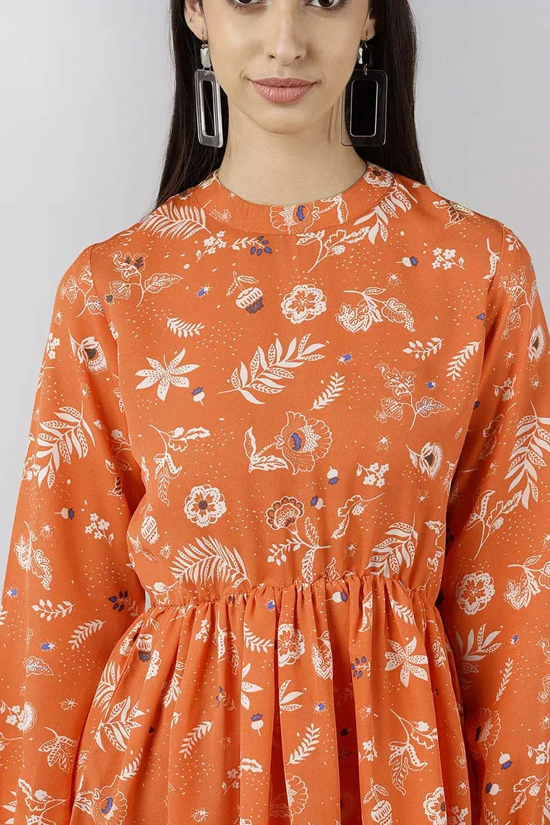 Orange Polyester Floral Printed Mini Dress