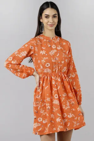 Orange Polyester Floral Printed Mini Dress