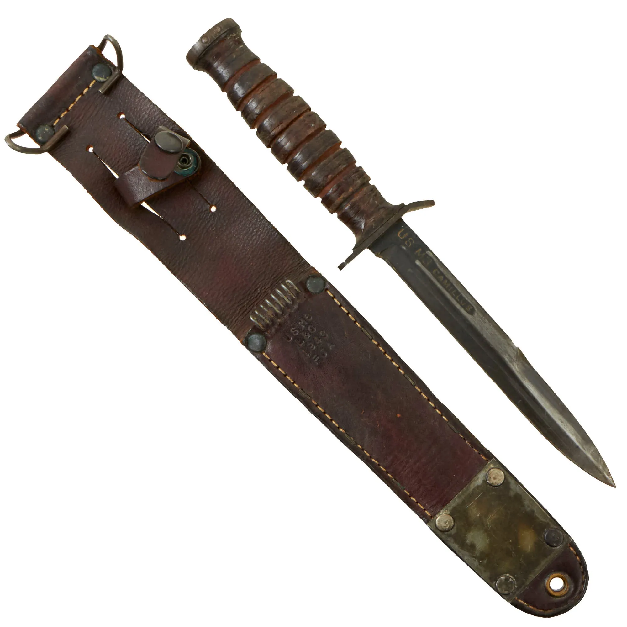 Original U.S. WWII Blade Marked M3 Fighting Knife by Camillus with 1943 Dated M6 Scabbard by L&C