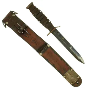 Original U.S. WWII Early Blade Marked M3 Fighting Knife by Kinfolks Inc. with M6 Leather Scabbard