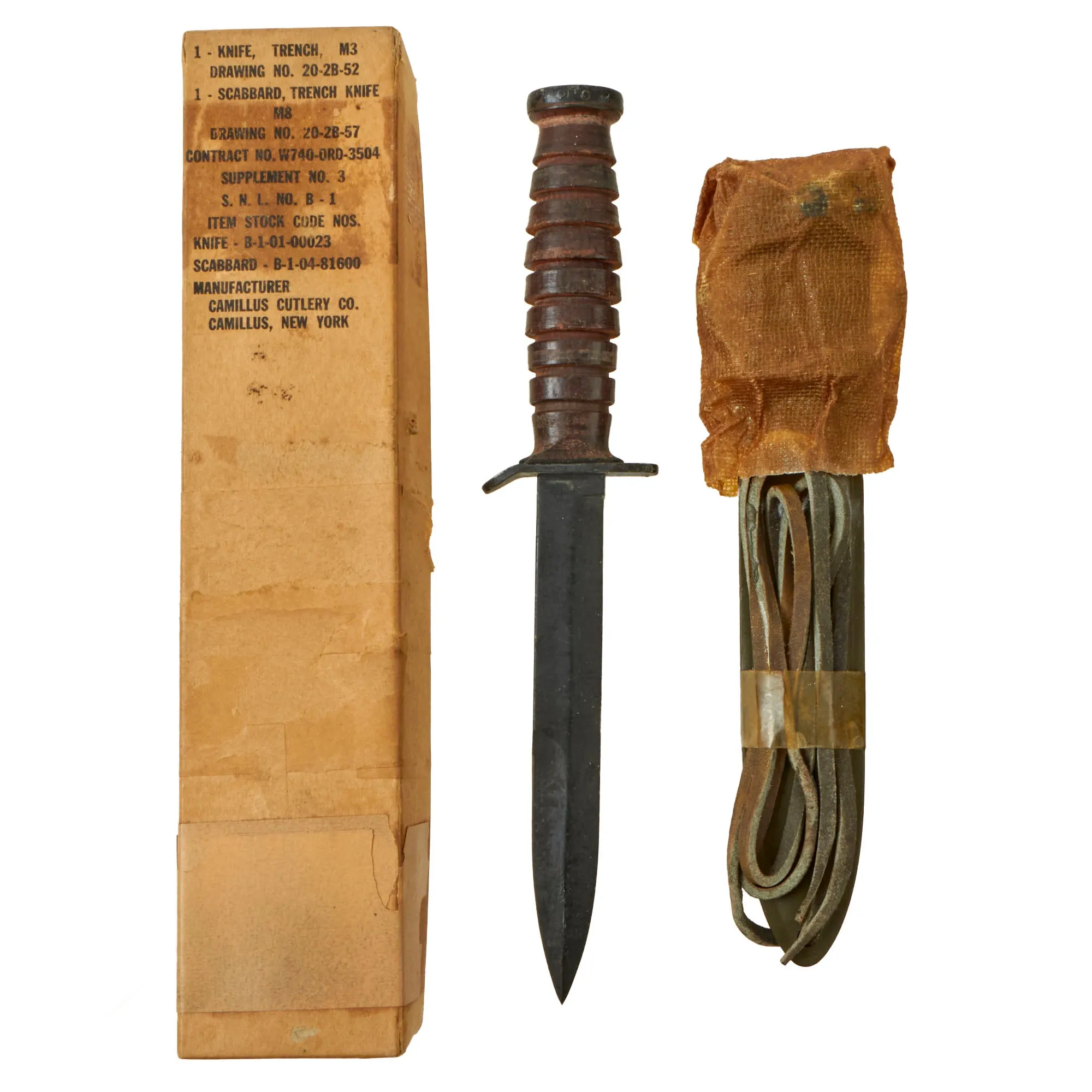 Original U.S. WWII “New Old Stock” M3 Guard Marked Fighting Knife by Camillus with M8 Scabbard and Original Packaging