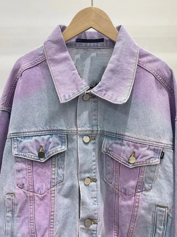 Patchwork Single Breasted Coats For Women Lapel Long Sleeve Casual Loose Hit Color Denim Coat Female Fashion