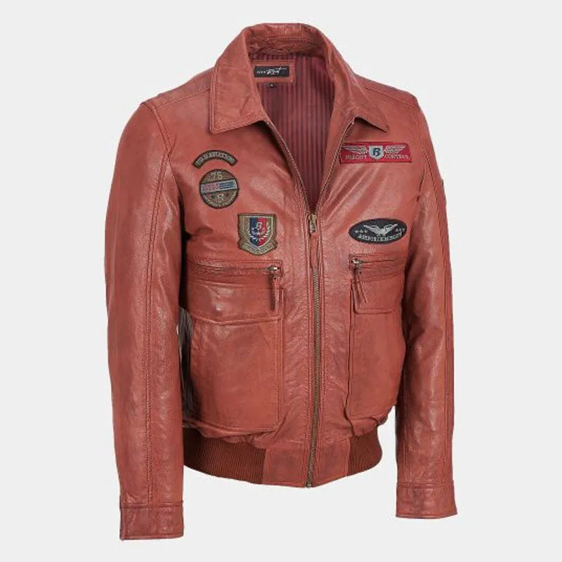 Shop Best Quality of Fashion Brown leather Bomber Jacket With Patches