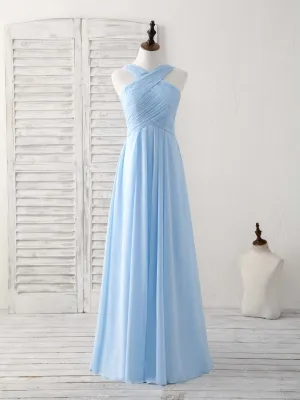 Simple V Neck Chiffon Blue Long Prom Dress Blue Bridesmaid Dress