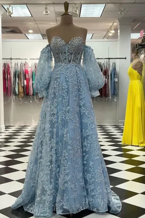 Sweetheart Neck Blue Lace Appliques Long Prom Dress with Long Sleeves Blue Lace Floral Formal Graduation Evening Dress